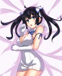  bed_sheet black_hair blue_eyes blue_ribbon blush breasts cleavage dungeon_ni_deai_wo_motomeru_no_wa_machigatteiru_darou_ka etan14 gloves hair_ribbon hestia_(danmachi) highres large_breasts long_hair rei_no_himo ribbon solo twintails white_gloves 