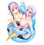  arachne ass bikini_top blue_eyes blue_skin breast_press breasts claws cleavage detached_sleeves extra_eyes gills goo_girl head_fins insect_girl large_breasts lavender_hair long_hair looking_at_viewer maid_headdress mermaid meroune_lorelei monster_girl monster_musume_no_iru_nichijou multiple_girls official_art okayado pink_hair rachnera_arachnera red_eyes scales simple_background smile solid_eyes spider_girl suu_(monster_musume) symmetrical_docking webbed_hands white_background 