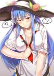  bad_id bad_twitter_id blue_hair breasts cleavage hat hinanawi_tenshi jpeg_artifacts large_breasts long_hair neropaso open_clothes open_shirt red_eyes shirt solo touhou 