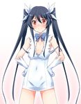  black_hair blue_ribbon blush cosplay covered_navel dungeon_ni_deai_wo_motomeru_no_wa_machigatteiru_darou_ka flat_chest gloves hair_ribbon hands_on_hips hestia_(danmachi) hestia_(danmachi)_(cosplay) kaneda_mitsuko long_hair ore_twintail_ni_narimasu red_eyes rei_no_himo ribbon simple_background smile solo tsube_aika twintails white_background white_gloves 