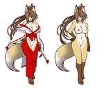  abstract_background big_breasts breasts brown_hair camel_toe canine clothed clothing color female fox fundoshi hair hand_on_hip kemono long_hair mammal model_sheet nipples nude ponytail pussy red_eyes shrine_maiden skimpy underwear yadokami 