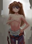  absurdres areola_slip areolae armpits bangs bodysuit bodysuit_pull breasts brown_hair covering covering_breasts doyora evangelion:_3.0_you_can_(not)_redo expressionless eyepatch grey_eyes hairpods hand_on_hip highres long_hair looking_at_viewer navel neon_genesis_evangelion plugsuit rebuild_of_evangelion shikinami_asuka_langley small_breasts solo souryuu_asuka_langley standing topless two_side_up 