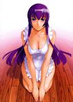  absurdres apron blue_eyes breasts busujima_saeko cleavage covered_nipples frills highres highschool_of_the_dead large_breasts legs long_hair nail_polish naked_apron purple_hair satou_shouji scan seiza sitting smile solo 
