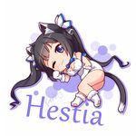  ;3 animal_ears black_hair blue_eyes breasts cat_ears cat_tail character_name chibi cleavage dungeon_ni_deai_wo_motomeru_no_wa_machigatteiru_darou_ka hair_ribbon hestia_(danmachi) kemonomimi_mode langbazi long_hair lying medium_breasts paws rei_no_himo ribbon signature tail twintails 