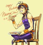  black_hair chair cheese_trail eating food grin hariyama_(toubou_tengoku) holding_pizza jojo_no_kimyou_na_bouken male_focus narancia_ghirga pizza purple_eyes sitting slice_of_pizza smile solo 