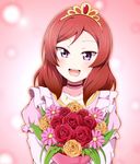  :d blush bouquet chiro_(bocchiropafe) choker flower looking_at_viewer love_live! love_live!_school_idol_project music_s.t.a.r.t!! nishikino_maki open_mouth purple_eyes red_hair rose short_hair smile solo tiara 