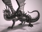  2015 azi_dahaka big_penis claws dragon dragon_valor erection feral horn klongi long_penis male monochrome nude penis plain_background pose scales scalie sheath solo video_games western_dragon wings 