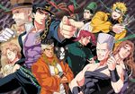  6+boys dio_brando hierophant_green iggy_(jojo) jean_pierre_polnareff jojo_no_kimyou_na_bouken kakyouin_noriaki knife kuujou_holly kuujou_joutarou mohammed_avdol multiple_boys obusare pet_shop pointing stand_(jojo) terence_trent_d'arby vanilla_ice 