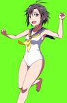  antenna_hair barefoot black_hair breasts green_background idolmaster idolmaster_(classic) kikuchi_makoto one-piece_swimsuit open_mouth puge purple_eyes running sailor_collar short_hair small_breasts smile solo swimsuit toes white_swimsuit 