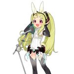  animal_ears artist_request clock cosplay detached_sleeves green_hair hatsune_miku hatsune_miku_(cosplay) highres kokuhime_rabbit-white_(uchi_no_hime-sama_ga_ichiban_kawaii) long_hair microphone microphone_stand open_mouth red_eyes smile solo transparent_background twintails uchi_no_hime-sama_ga_ichiban_kawaii very_long_hair vocaloid vocaloid_append 