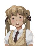  animated animated_gif blush_stickers brown_hair constricted_pupils doyora hair_ribbon long_hair necktie ribbon solo sweater_vest talking twintails upper_body 