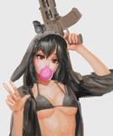  animal_hood assault_rifle bad_id bad_pixiv_id bikini_top black_hair breasts bubble_blowing bushmaster_acr chewing_gum darth_wooser doyora gun highres hood hoodie looking_at_viewer nose open_clothes open_hoodie original red_eyes rifle small_breasts solo strap_gap underboob upper_body v weapon 