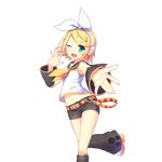 ;d aqua_eyes artist_request belt blonde_hair bow detached_sleeves headphones highres kagamine_rin one_eye_closed open_mouth shorts smile solo transparent_background uchi_no_hime-sama_ga_ichiban_kawaii vocaloid 