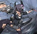  battle blood breasts broken broken_sword broken_weapon chain cleavage eyepatch foreshortening headgear injury kantai_collection left-handed mecha_musume medium_breasts necktie puge purple_hair reverse_grip school_uniform short_hair skirt sleeves_pushed_up solo speed_lines sword tenryuu_(kantai_collection) thighhighs torn_clothes torn_legwear weapon yellow_eyes 