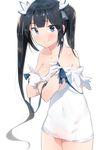  bad_id bad_pixiv_id bare_shoulders black_hair blue_eyes blue_ribbon blush breasts cleavage cleavage_cutout ddal dress dungeon_ni_deai_wo_motomeru_no_wa_machigatteiru_darou_ka gloves hair_ribbon hestia_(danmachi) highres holding large_breasts long_hair looking_at_viewer off_shoulder rei_no_himo revision ribbon smile solo twintails undressing very_long_hair white_background white_dress white_gloves 