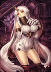  blush breasts claws detached_sleeves dress horn kaizeru kantai_collection large_breasts long_hair looking_at_viewer red_eyes ribbed_dress seaport_hime shinkaisei-kan short_dress sideboob solo very_long_hair white_hair 