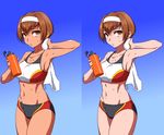  bottle breasts brown_eyes brown_hair cowboy_shot dark_skin hairband kashiwagi_azusa kizuato large_breasts looking_at_viewer midriff multiple_views navel puge short_hair short_shorts shorts sports_bikini sports_bra sweat tan toned variations water_bottle 