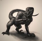  2015 abs anthro biceps big_muscles blood claws cuffs digitigrade dinosaur erection fangs forked_tongue killer_instinct klongi male monochrome muscles nude open_mouth pecs penis pose reptile riptor scales scalie solo teeth theropod toe_claws tongue tongue_out video_games 