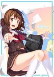  bag brown_eyes brown_hair copyright_name hibike!_euphonium highres kneehighs neckerchief open_mouth oumae_kumiko red_neckwear school_bag school_uniform short_hair skirt solo white_legwear yuuri_nayuta 