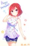  artist_name blush breasts cowboy_shot dated floral_print hand_in_hair happy_birthday highres looking_at_viewer love_live! love_live!_school_idol_project medium_breasts nishikino_maki purple_eyes red_hair short_hair shorts sleeveless smile solo yuyan 