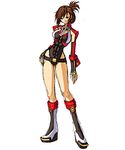  1girl asuka_(crimson_tears) belt boots brown_eyes brown_hair crimson_tears female fingerless_gloves full_body gloves leotard lowres official_art ponytail short_hair simple_background solo 