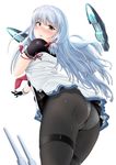 ass blush crotch_seam cum cum_on_ass from_behind gloves highres hiyama_izumi_(wttdh) kantai_collection long_hair looking_back looking_down murakumo_(kantai_collection) panties panties_under_pantyhose pantyhose red_eyes remodel_(kantai_collection) silver_hair solo turret underwear 
