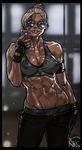  abs blonde_hair blue_eyes border breasts cassie_cage cellphone collarbone covered_nipples fingerless_gloves ganassa gloves groin highres lips lowleg lowleg_pants medium_breasts midriff mortal_kombat mortal_kombat_x muscle nose pants phone self_shot smartphone smile solo sports_bra sunglasses sweat tan 