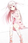  animal_ears bandaged_arm bandages bangs blunt_bangs bunny_ears chisumi clenched_hands commentary_request dress fence highres long_hair looking_at_viewer original pink_dress red_eyes silver_hair sitting solo 