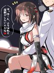  1girl admiral_(kantai_collection) book breasts brown_eyes brown_hair covered_nipples double-breasted hair_ornament implied_erection kantai_collection large_breasts military military_uniform mismatched_legwear naughty_face naval_uniform one_side_up open_mouth remodel_(kantai_collection) scarf sendai_(kantai_collection) sideboob sitting sitting_on_lap sitting_on_person sweatdrop thighhighs translated tsuzuri_(tuzuri) uniform white_scarf 
