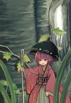  bowl grass holding_needle japanese_clothes kimono leaf minigirl needle obi open_mouth purple_eyes purple_hair sash short_hair solo sukuna_shinmyoumaru sweat touhou yunuki_uta 