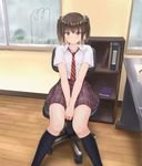  bad_id bad_pixiv_id bangs banned_artist between_legs black_legwear book bookshelf brown_eyes brown_hair chair collared_shirt commentary_request desk hair_ornament hair_scrunchie hand_between_legs hands_together highres indoors kneehighs light_smile looking_at_viewer minagiku necktie office_chair original plaid plaid_skirt polka_dot polka_dot_scrunchie school_uniform scrunchie shirt short_sleeves short_twintails sitting skirt solo striped striped_neckwear twintails v_arms white_shirt window wing_collar wooden_floor 