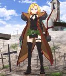  1girl belt blonde_hair blue_eyes boots breasts building cloud earrings grave highres jewelry junketsu_no_maria maria maria_(junketsu_no_maria) screencap short_hair sky solo standing thigh_strap wreath 
