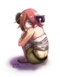  2015 :&lt; a.b.a bandages bare_shoulders dated guilty_gear key key_in_head looking_back purple_eyes red_hair short_hair sitting solo twitter_username yurise 