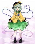  :d ankle_boots blouse blush boots crazy_smile creepy_eyes full_body green_eyes green_hair hat heart heart_of_string highres huyusilver komeiji_koishi long_sleeves looking_at_viewer open_mouth ringed_eyes short_hair skirt smile solo sun_hat third_eye touhou 