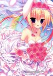  :d absurdres animal_ears blonde_hair bouquet breasts bridal_veil bunny_ears cleavage dress elbow_gloves flower gloves hasune highres medium_breasts off-shoulder_dress off_shoulder open_mouth petals purple_eyes rose rose_petals smile solo veil wedding_dress 