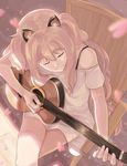  absurdres animal_ears bare_legs bare_shoulders blonde_hair cat_ears cherry_blossoms closed_eyes crossed_legs dress feet_out_of_frame guitar highres instrument kamille_(vcx68) long_hair music off-shoulder_dress off_shoulder playing_instrument plectrum seeu sitting smile solo spaghetti_strap vocaloid 