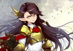  armor black_hair earrings gauntlets headwear highres jewelry light_smile long_hair looking_at_viewer pixiv_fantasia pixiv_fantasia_t pointy_ears realmbw smile solo waechter yellow_eyes 