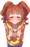  blush closed_eyes commentary facing_viewer idolmaster idolmaster_(classic) incoming_kiss orange_hair solo takatsuki_yayoi twintails wagashi928 