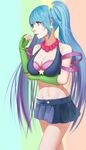 absurdres alternate_costume arcade_sona arm_warmers bad_id bad_pixiv_id bare_shoulders blue_eyes blue_hair breasts cleavage crop_top from_side highres large_breasts league_of_legends long_hair makeup midriff miniskirt multicolored_hair navel pleated_skirt skirt solo sona_buvelle twintails very_long_hair xiaosan_ye 
