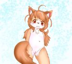  bigger_version_at_the_source blush brown_hair canine dog female flat_chested hair kemono long_hair mammal nipples pussy red_eyes unknown_artist 