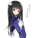  black_eyes black_hair blush flower hair_flower hair_ornament long_hair looking_at_viewer nauribon original simple_background solo translated white_background 