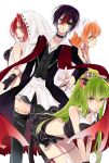  3girls animal_ears black_hair blue_eyes c.c. cat_ears chain code_geass eyepatch green_eyes green_hair highres jewelry kallen_stadtfeld lelouch_lamperouge long_hair moyo_(yomo4) multicolored_hair multiple_girls necktie orange_hair purple_eyes red_hair ring shirley_fenette short_hair simple_background two-tone_hair white_background yellow_eyes 