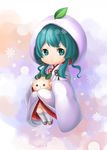  aqua_eyes aqua_hair bad_id bad_pixiv_id chibi geta hatsune_miku highres hood japanese_clothes kimono long_hair nendoroid snowflakes socks solo stellarism vocaloid wide_sleeves yuki_miku 