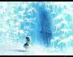  blue blue_dress blue_hair bow cirno day dress from_behind frozen hair_ornament hair_ribbon ice ice_wings koto_inari letterboxed mammoth outdoors ribbon shadow short_hair standing touhou wings 