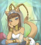  aisha anthro blush bracelet breasts collar colored curtains egyptian female hair headdress jewelry kneeling looking_at_viewer necklace neopets pillow solo unknown_artist 