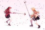  absurdres commentary dicorndl highres jacket long_hair mary_janes motion_blur multiple_girls open_clothes open_jacket orange_hair original pleated_skirt red_eyes red_hair selfie_stick shoes skirt socks twintails 