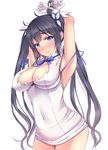  armpits arms_up black_hair blue_eyes blue_ribbon blush breasts chain cleavage_cutout covered_nipples dungeon_ni_deai_wo_motomeru_no_wa_machigatteiru_darou_ka hair_ribbon hestia_(danmachi) highres large_breasts long_hair looking_at_viewer meropan navel rei_no_himo restrained ribbon skindentation solo tears twintails 