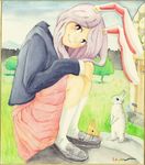  animal_ears arm_rest artist_name blazer blue_sky building bunny bunny_ears day graphite_(medium) hands_on_own_knees head_tilt highres jacket kneehighs lavender_hair loafers long_hair long_sleeves looking_at_viewer mountain outdoors pleated_skirt red_eyes reisen_udongein_inaba shikishi shoes sitting skirt sky smile solo touhou traditional_media tree uryan! watercolor_(medium) white_legwear 