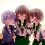  brown_hair closed_eyes crescent crescent_hair_ornament hair_ornament holding_hand holding_hands kantai_collection kisaragi_(kantai_collection) long_hair minami_(apricot_tea) multiple_girls mutsuki_(kantai_collection) purple_hair school_uniform serafuku short_hair short_hair_with_long_locks smile yayoi_(kantai_collection) 