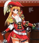  belt black_nails blonde_hair blush breasts cleavage copyright_name epaulettes fingerless_gloves gloves hat long_hair looking_at_viewer medium_breasts monster_hunter monster_hunter_portable_3rd nail_polish pink_nails pirate_hat red_eyes solo yi 